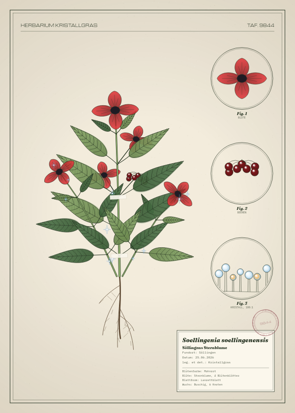 Botanische Tafel: Soellingenia soellingenensis, eine erfundene Pflanze aus Söllingen, gezeichnet wie in einem alten Pflanzenatlas