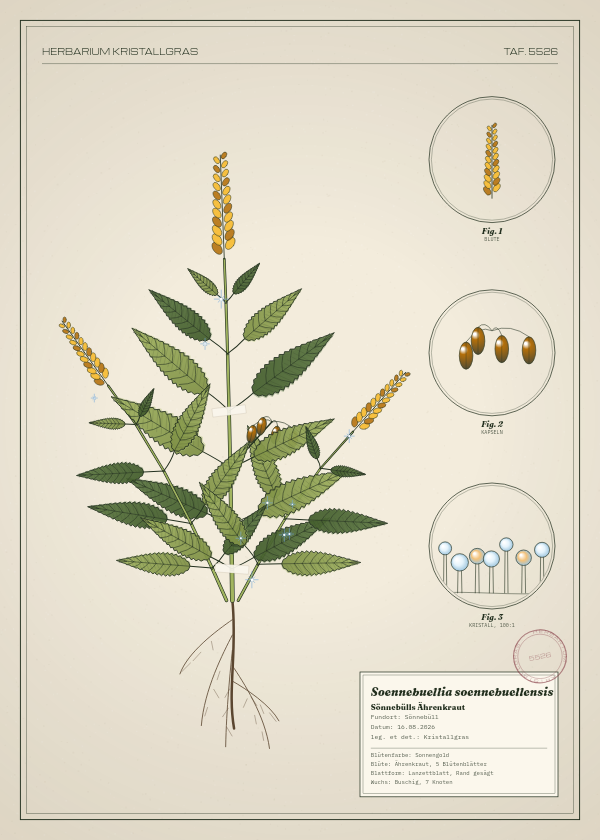 Botanische Tafel: Soennebuellia soennebuellensis, eine erfundene Pflanze aus Sönnebüll, gezeichnet wie in einem alten Pflanzenatlas