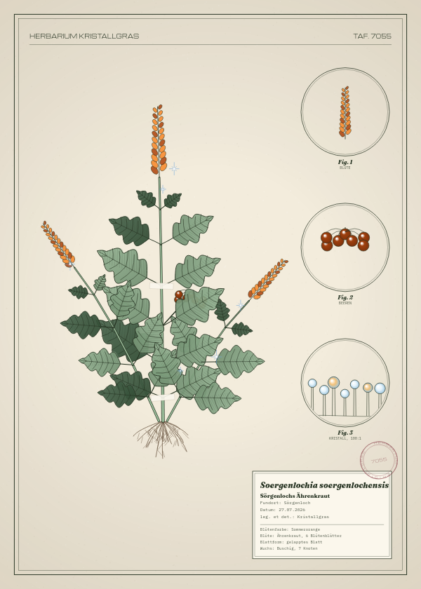 Botanische Tafel: Soergenlochia soergenlochensis, eine erfundene Pflanze aus Sörgenloch, gezeichnet wie in einem alten Pflanzenatlas