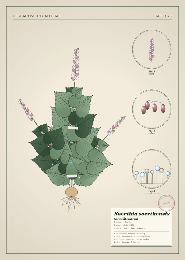 Botanische Tafel: Soerthia soerthensis, eine erfundene Pflanze aus Sörth, gezeichnet wie in einem alten Pflanzenatlas