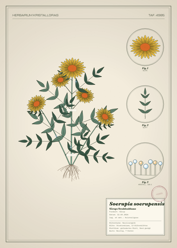 Botanische Tafel: Soerupia soerupensis, eine erfundene Pflanze aus Sörup, gezeichnet wie in einem alten Pflanzenatlas