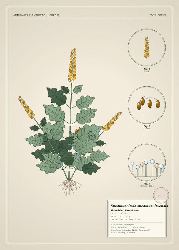 Botanische Tafel: Suedmueritzia suedmueritzensis, eine erfundene Pflanze aus Südmüritz, gezeichnet wie in einem alten Pflanzenatlas