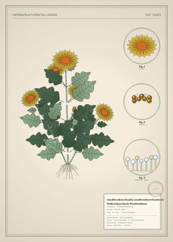 Botanische Tafel: Suedbrookmerlandia suedbrookmerlandensis, eine erfundene Pflanze aus Südbrookmerland, gezeichnet wie in einem alten Pflanzenatlas