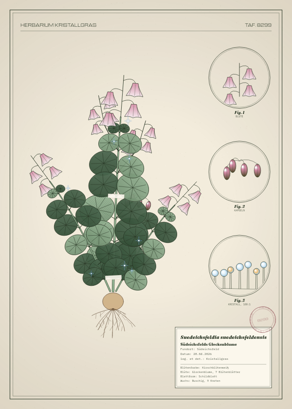 Botanische Tafel: Suedeichsfeldia suedeichsfeldensis, eine erfundene Pflanze aus Südeichsfeld, gezeichnet wie in einem alten Pflanzenatlas