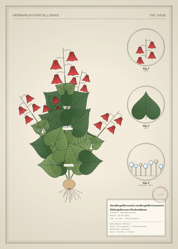 Botanische Tafel: Suedergellersenia suedergellersenensis, eine erfundene Pflanze aus Südergellersen, gezeichnet wie in einem alten Pflanzenatlas