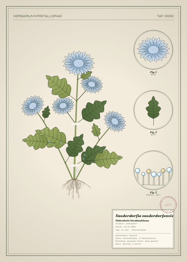 Botanische Tafel: Suederdorfia suederdorfensis, eine erfundene Pflanze aus Süderdorf, gezeichnet wie in einem alten Pflanzenatlas