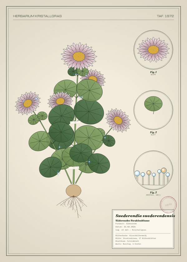 Botanische Tafel: Suederendia suederendensis, eine erfundene Pflanze aus Süderende, gezeichnet wie in einem alten Pflanzenatlas