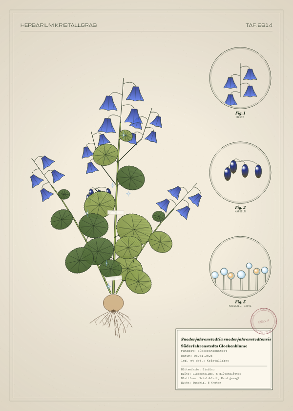 Botanische Tafel: Suederfahrenstedtia suederfahrenstedtensis, eine erfundene Pflanze aus Süderfahrenstedt, gezeichnet wie in einem alten Pflanzenatlas