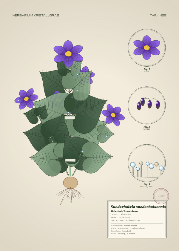 Botanische Tafel: Suederholzia suederholzensis, eine erfundene Pflanze aus Süderholz, gezeichnet wie in einem alten Pflanzenatlas
