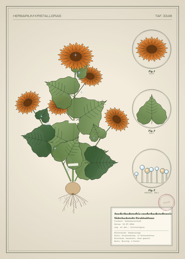 Botanische Tafel: Suederhackstedtia suederhackstedtensis, eine erfundene Pflanze aus Süderhackstedt, gezeichnet wie in einem alten Pflanzenatlas