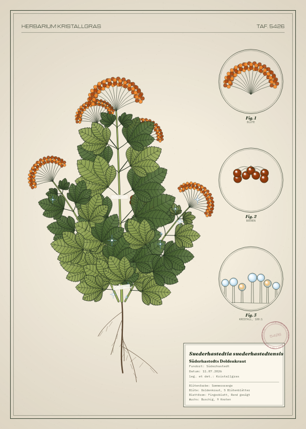 Botanische Tafel: Suederhastedtia suederhastedtensis, eine erfundene Pflanze aus Süderhastedt, gezeichnet wie in einem alten Pflanzenatlas