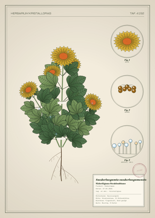 Botanische Tafel: Suederluegumia suederluegumensis, eine erfundene Pflanze aus Süderlügum, gezeichnet wie in einem alten Pflanzenatlas