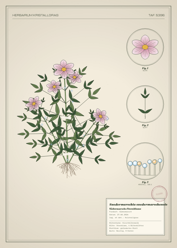 Botanische Tafel: Suedermarschia suedermarschensis, eine erfundene Pflanze aus Südermarsch, gezeichnet wie in einem alten Pflanzenatlas