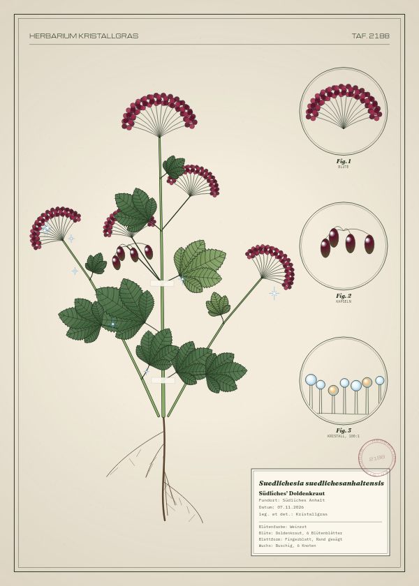 Botanische Tafel: Suedlichesia suedlichesanhaltensis, eine erfundene Pflanze aus Südliches Anhalt, gezeichnet wie in einem alten Pflanzenatlas