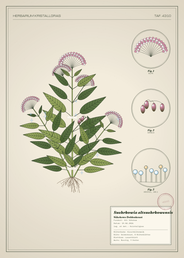 Botanische Tafel: Suehrkowia altsuehrkowensis, eine erfundene Pflanze aus Alt Sührkow, gezeichnet wie in einem alten Pflanzenatlas