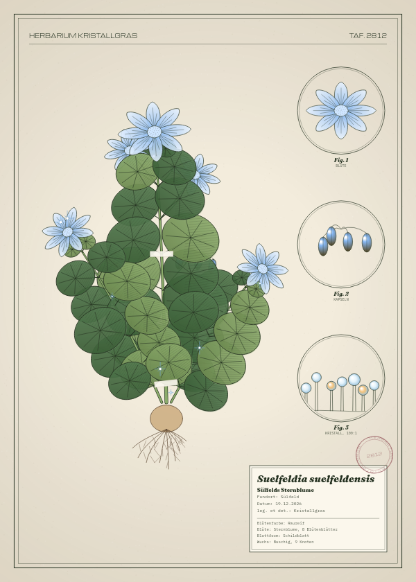 Botanische Tafel: Suelfeldia suelfeldensis, eine erfundene Pflanze aus Sülfeld, gezeichnet wie in einem alten Pflanzenatlas