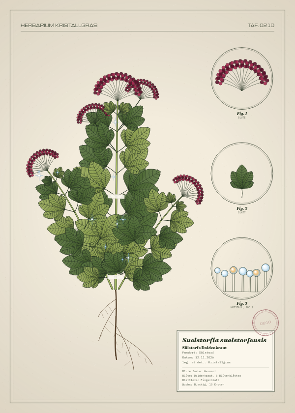 Botanische Tafel: Suelstorfia suelstorfensis, eine erfundene Pflanze aus Sülstorf, gezeichnet wie in einem alten Pflanzenatlas