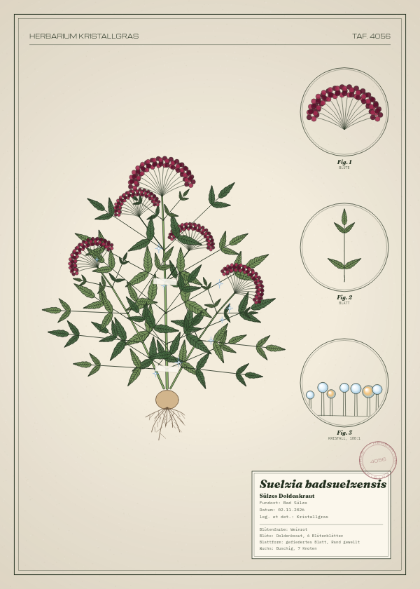 Botanische Tafel: Suelzia badsuelzensis, eine erfundene Pflanze aus Bad Sülze, gezeichnet wie in einem alten Pflanzenatlas