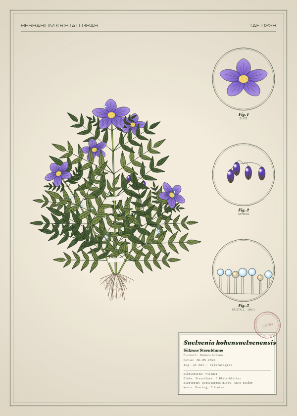 Botanische Tafel: Suelzenia hohensuelzenensis, eine erfundene Pflanze aus Hohen-Sülzen, gezeichnet wie in einem alten Pflanzenatlas