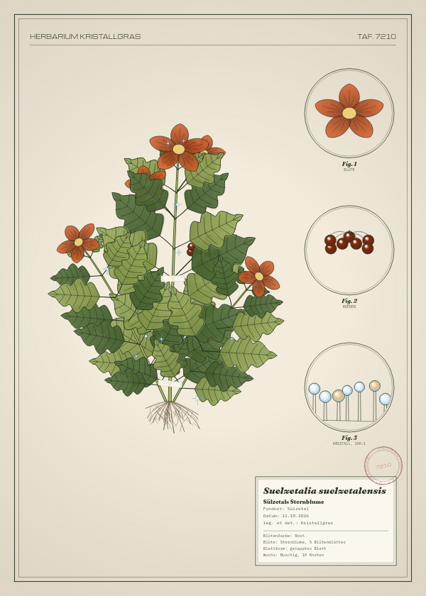 Botanische Tafel: Suelzetalia suelzetalensis, eine erfundene Pflanze aus Sülzetal, gezeichnet wie in einem alten Pflanzenatlas