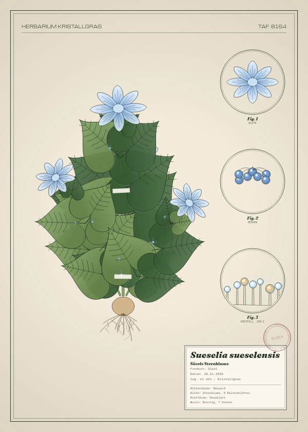 Botanische Tafel: Sueselia sueselensis, eine erfundene Pflanze aus Süsel, gezeichnet wie in einem alten Pflanzenatlas