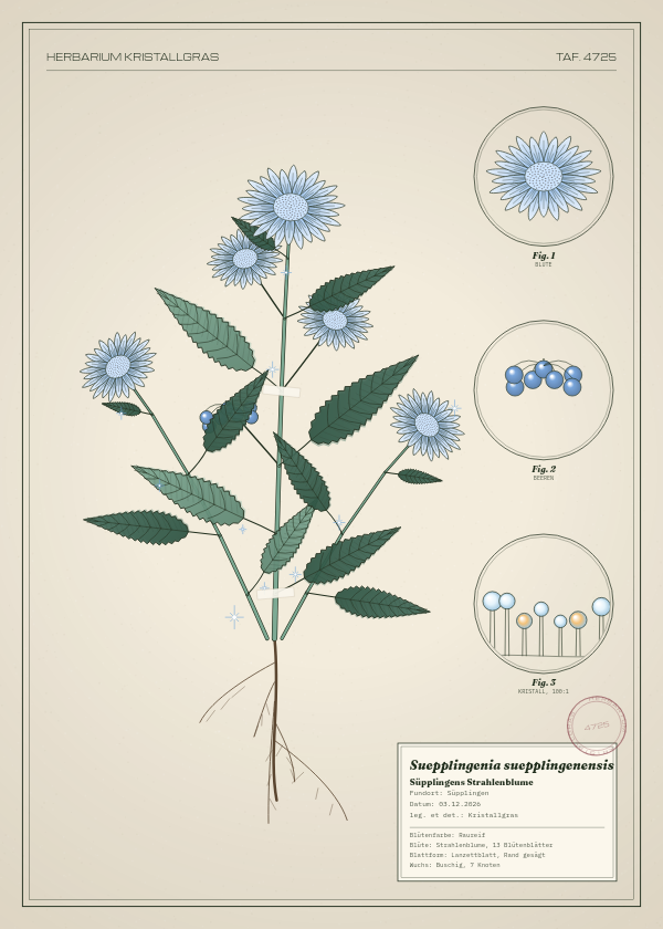 Botanische Tafel: Suepplingenia suepplingenensis, eine erfundene Pflanze aus Süpplingen, gezeichnet wie in einem alten Pflanzenatlas