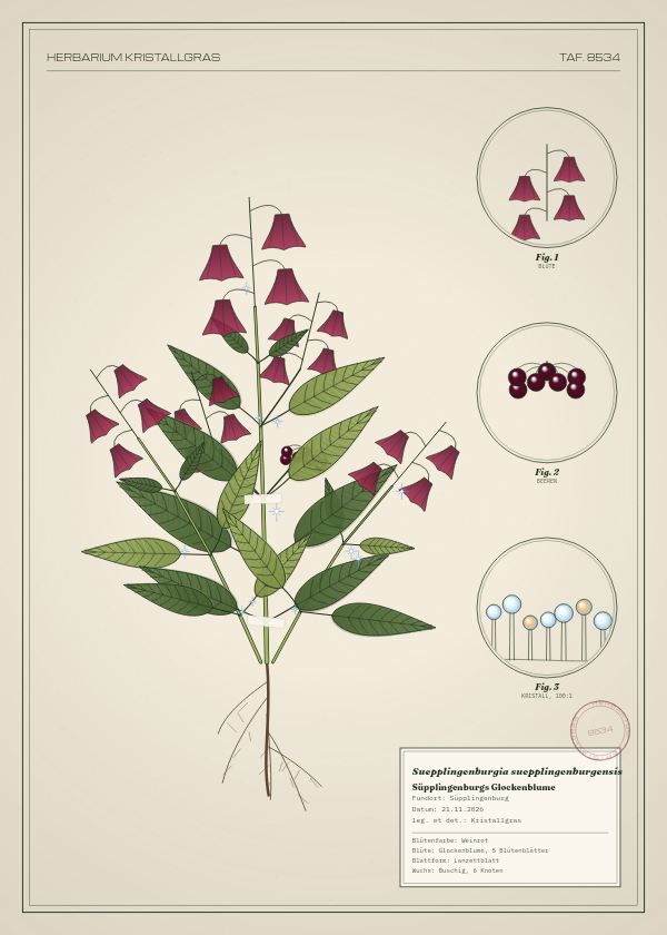 Botanische Tafel: Suepplingenburgia suepplingenburgensis, eine erfundene Pflanze aus Süpplingenburg, gezeichnet wie in einem alten Pflanzenatlas