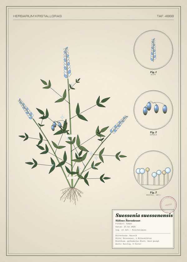Botanische Tafel: Suessenia suessenensis, eine erfundene Pflanze aus Süßen, gezeichnet wie in einem alten Pflanzenatlas
