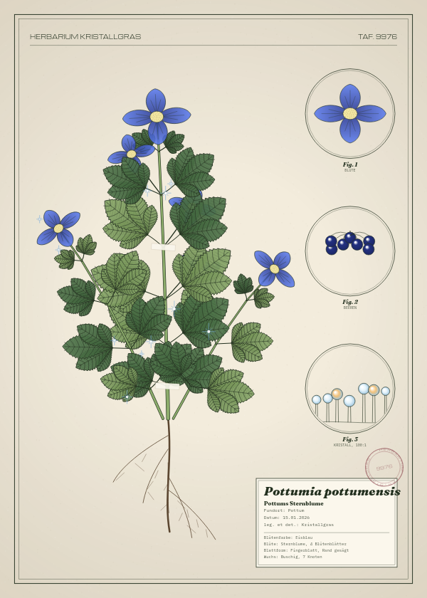 Botanische Tafel: Pottumia pottumensis, eine erfundene Pflanze aus Pottum, gezeichnet wie in einem alten Pflanzenatlas