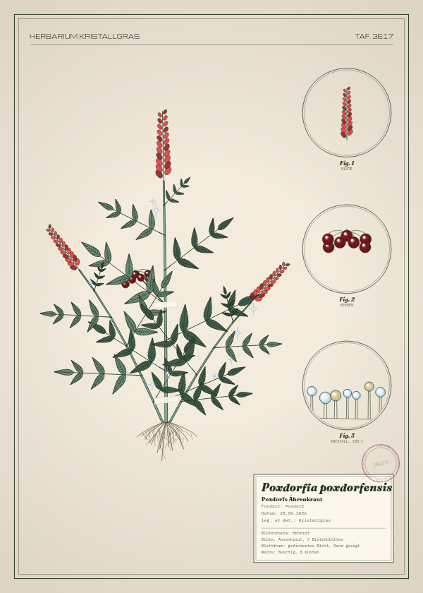 Botanische Tafel: Poxdorfia poxdorfensis, eine erfundene Pflanze aus Poxdorf, gezeichnet wie in einem alten Pflanzenatlas