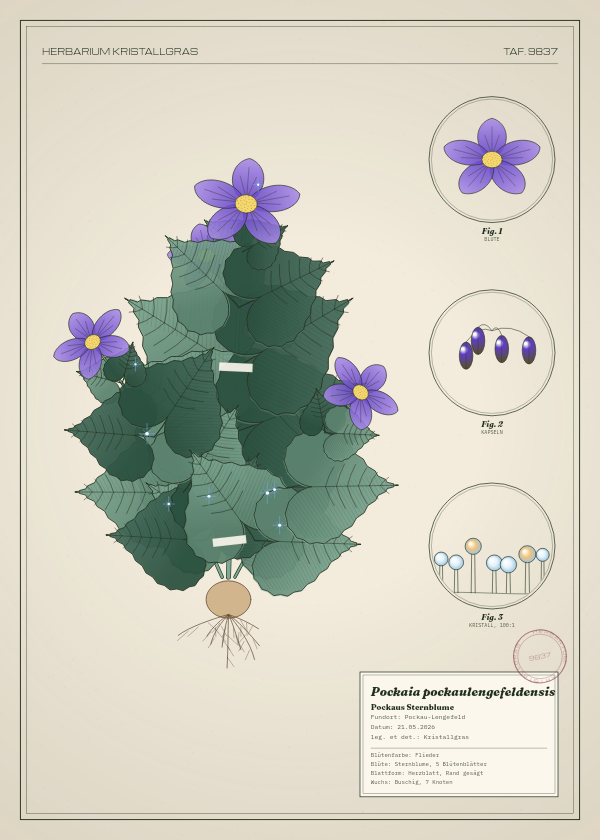 Botanische Tafel: Pockaia pockaulengefeldensis, eine erfundene Pflanze aus Pockau-Lengefeld, gezeichnet wie in einem alten Pflanzenatlas