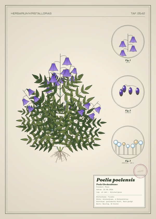 Botanische Tafel: Poelia poelensis, eine erfundene Pflanze aus Poel, gezeichnet wie in einem alten Pflanzenatlas
