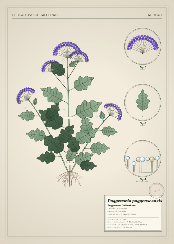Botanische Tafel: Poggenseia poggenseensis, eine erfundene Pflanze aus Poggensee, gezeichnet wie in einem alten Pflanzenatlas