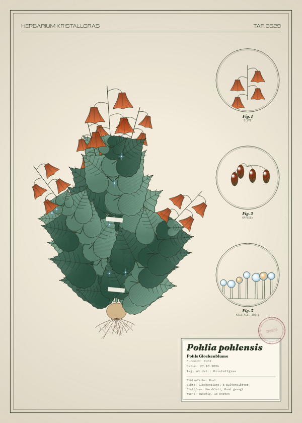 Botanische Tafel: Pohlia pohlensis, eine erfundene Pflanze aus Pohl, gezeichnet wie in einem alten Pflanzenatlas