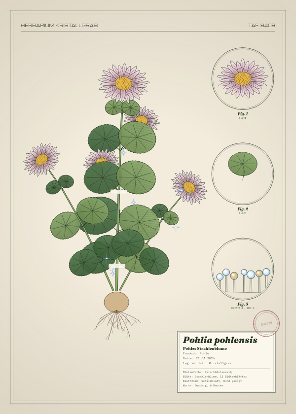 Botanische Tafel: Pohlia pohlensis, eine erfundene Pflanze aus Pohle, gezeichnet wie in einem alten Pflanzenatlas