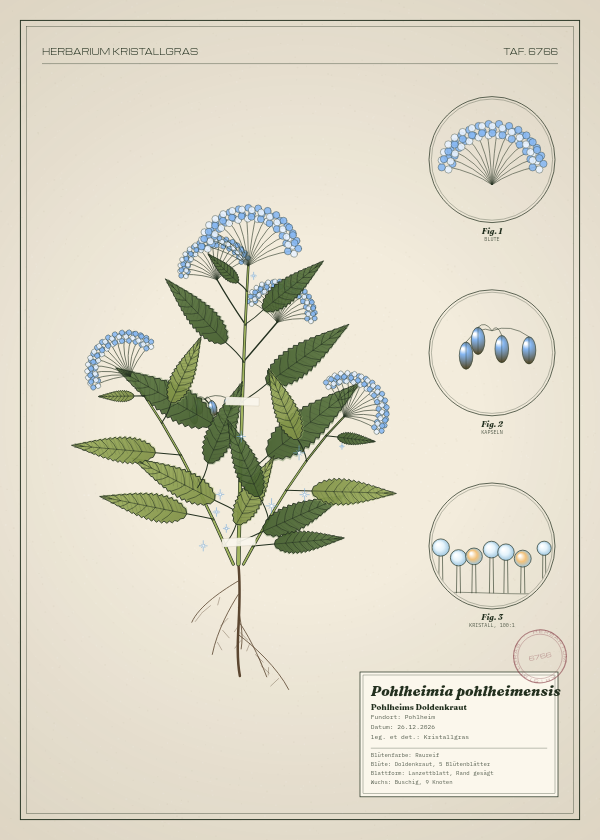 Botanische Tafel: Pohlheimia pohlheimensis, eine erfundene Pflanze aus Pohlheim, gezeichnet wie in einem alten Pflanzenatlas