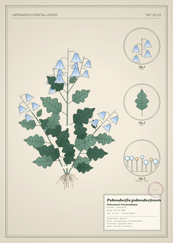 Botanische Tafel: Pohnsdorfia pohnsdorfensis, eine erfundene Pflanze aus Pohnsdorf, gezeichnet wie in einem alten Pflanzenatlas