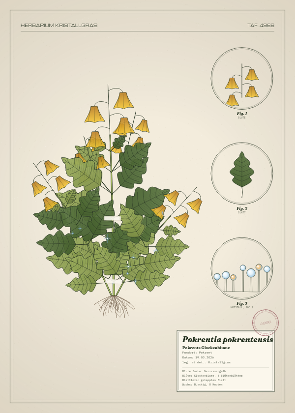 Botanische Tafel: Pokrentia pokrentensis, eine erfundene Pflanze aus Pokrent, gezeichnet wie in einem alten Pflanzenatlas