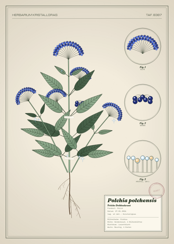 Botanische Tafel: Polchia polchensis, eine erfundene Pflanze aus Polch, gezeichnet wie in einem alten Pflanzenatlas