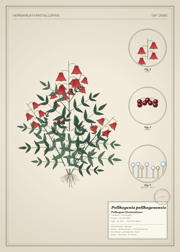 Botanische Tafel: Pollhagenia pollhagenensis, eine erfundene Pflanze aus Pollhagen, gezeichnet wie in einem alten Pflanzenatlas