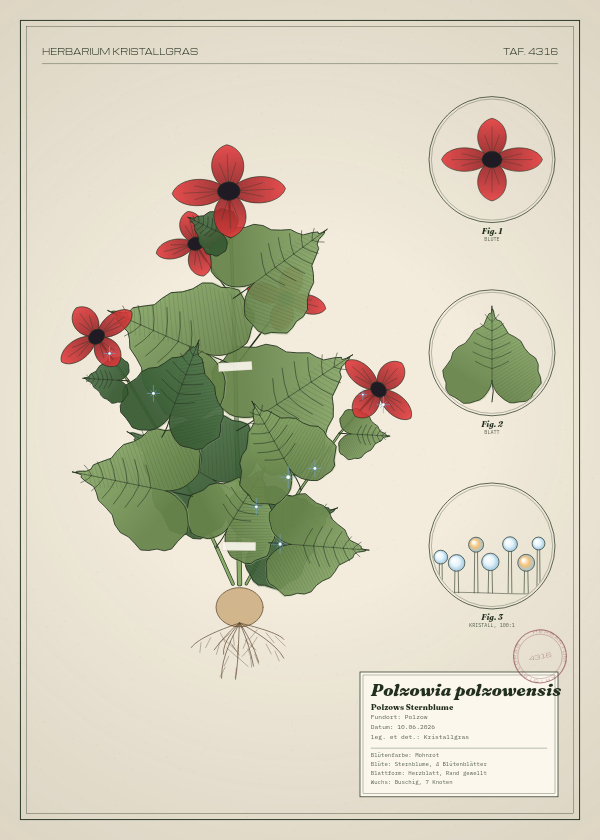 Botanische Tafel: Polzowia polzowensis, eine erfundene Pflanze aus Polzow, gezeichnet wie in einem alten Pflanzenatlas