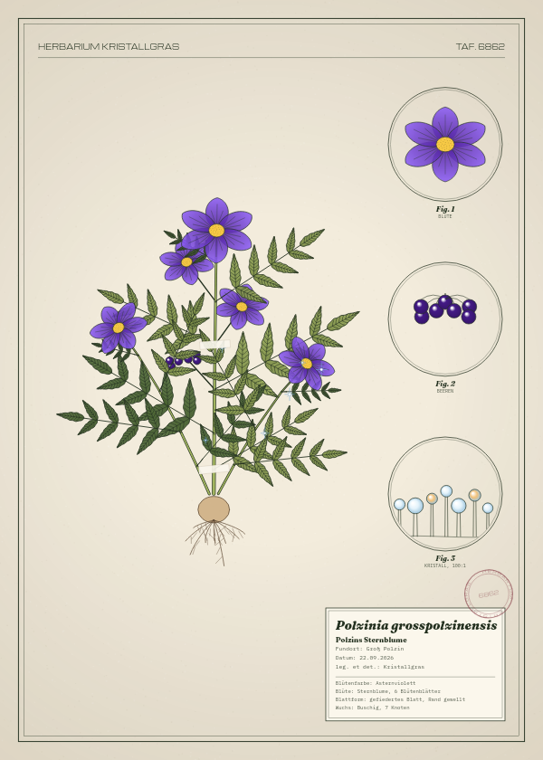 Botanische Tafel: Polzinia grosspolzinensis, eine erfundene Pflanze aus Groß Polzin, gezeichnet wie in einem alten Pflanzenatlas