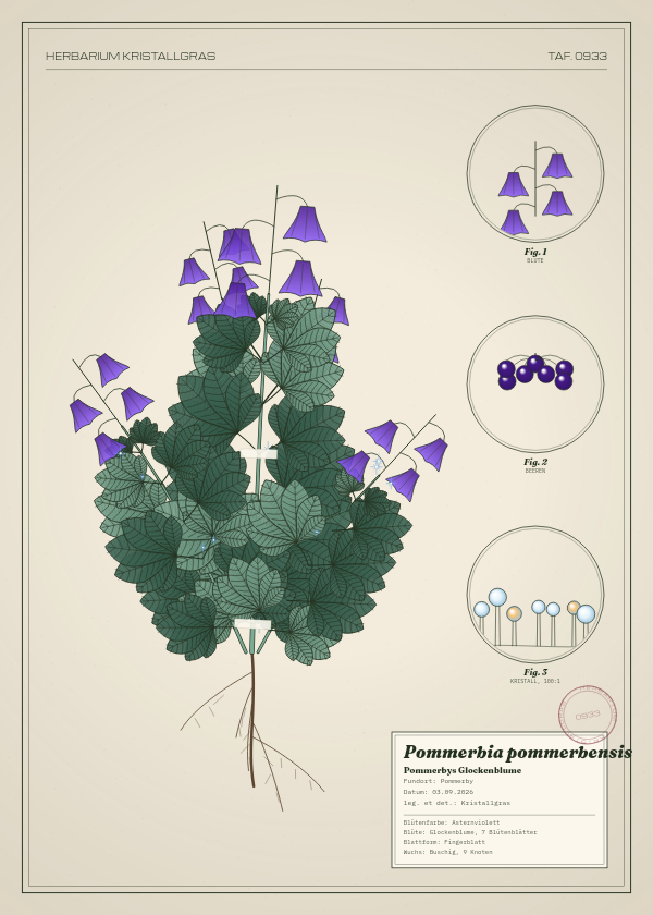 Botanische Tafel: Pommerbia pommerbensis, eine erfundene Pflanze aus Pommerby, gezeichnet wie in einem alten Pflanzenatlas