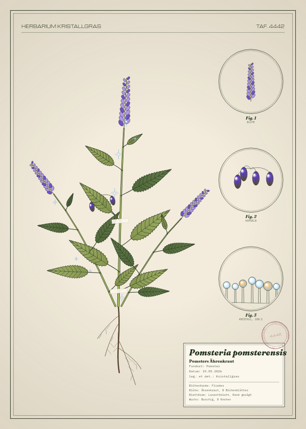 Botanische Tafel: Pomsteria pomsterensis, eine erfundene Pflanze aus Pomster, gezeichnet wie in einem alten Pflanzenatlas