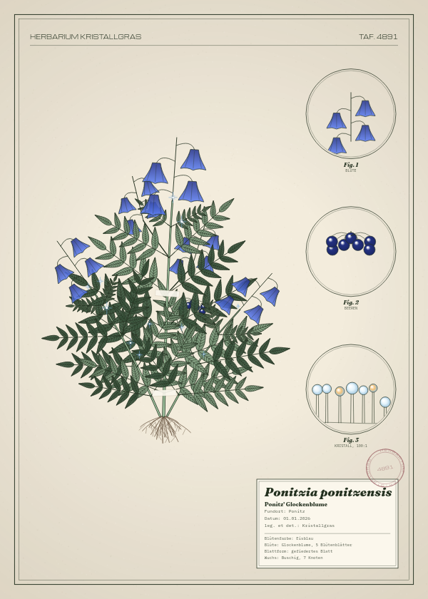 Botanische Tafel: Ponitzia ponitzensis, eine erfundene Pflanze aus Ponitz, gezeichnet wie in einem alten Pflanzenatlas