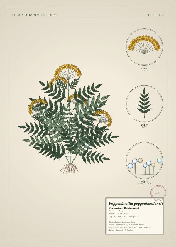 Botanische Tafel: Poppenbuellia poppenbuellensis, eine erfundene Pflanze aus Poppenbüll, gezeichnet wie in einem alten Pflanzenatlas