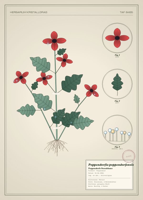 Botanische Tafel: Poppendorfia poppendorfensis, eine erfundene Pflanze aus Poppendorf, gezeichnet wie in einem alten Pflanzenatlas