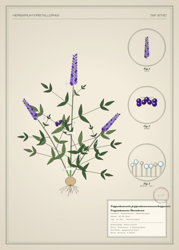 Botanische Tafel: Poppenhausenia poppenhausenwasserkuppensis, eine erfundene Pflanze aus Poppenhausen (Wasserkuppe), gezeichnet wie in einem alten Pflanzenatlas