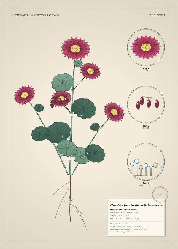 Botanische Tafel: Portia portawestfalicensis, eine erfundene Pflanze aus Porta Westfalica, gezeichnet wie in einem alten Pflanzenatlas