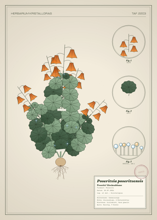 Botanische Tafel: Poseritzia poseritzensis, eine erfundene Pflanze aus Poseritz, gezeichnet wie in einem alten Pflanzenatlas